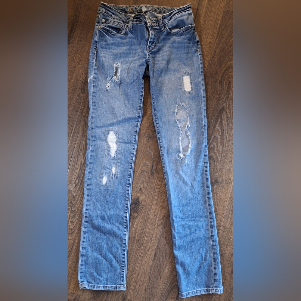 LC LAUREN CONRAD BLUE STRAIGHT LEG JEANS WITH DISTRESSED DETAILS